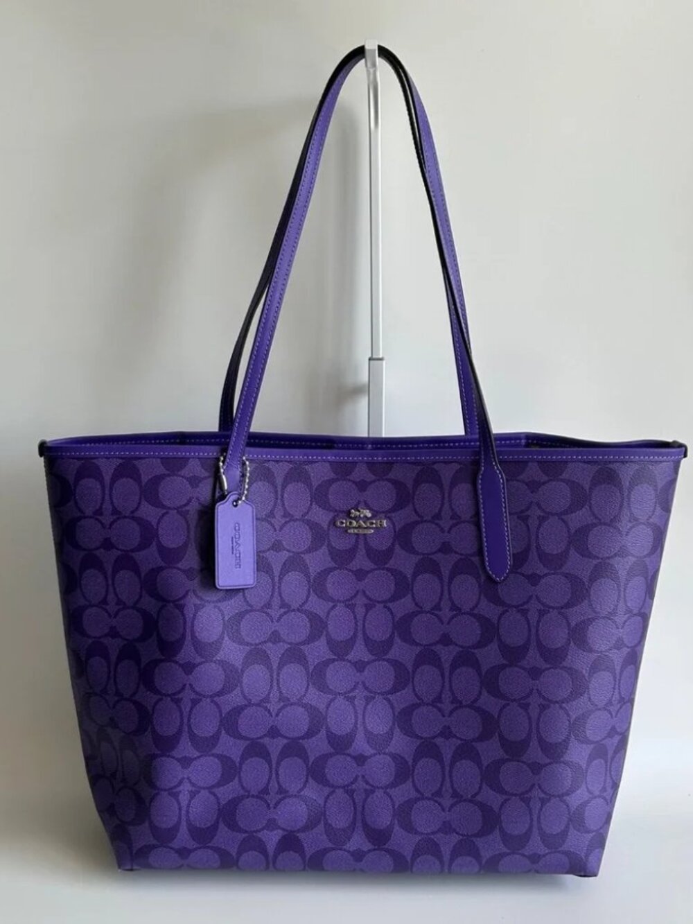 Coach Purple Signature Canvas City Tote Bag Silver Logo Shoulder Handbag